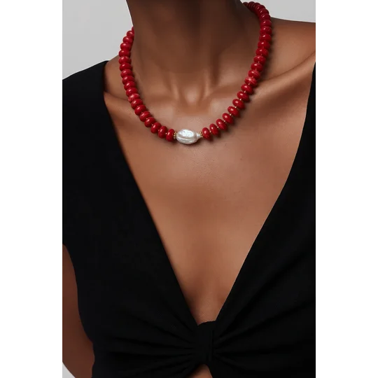 Rouge Pearl – Κόκκινο Κολιέ με Μαργαριτάρι / Red Beaded Pearl Necklace