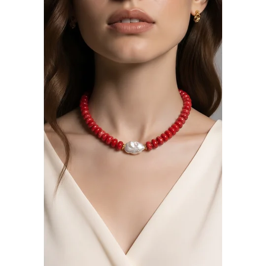 Rouge Pearl – Κόκκινο Κολιέ με Μαργαριτάρι / Red Beaded Pearl Necklace