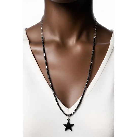 Μακρύ Κολιέ με Αιματίτη Gunmetal & Αστέρι | Long Gunmetal Hematite Star Necklace