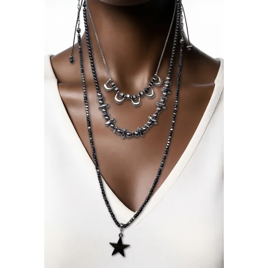 Μακρύ Κολιέ με Αιματίτη Gunmetal & Αστέρι | Long Gunmetal Hematite Star Necklace