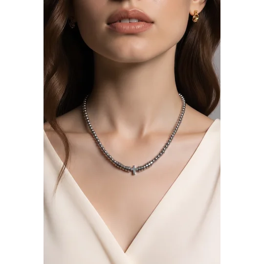 Silver Faith – Χειροποίητο Κολιέ Αιματίτη με Σταυρό