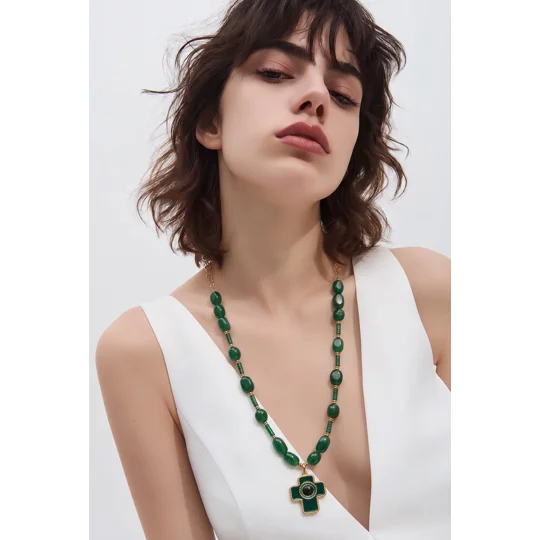 Green Aura Cross – Μακρύ Κολιέ με Πράσινες Πέτρες και Σταυρό / Green Aura Cross – Long Green Gemston