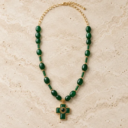 Green Aura Cross – Μακρύ Κολιέ με Πράσινες Πέτρες και Σταυρό / Green Aura Cross – Long Green Gemston
