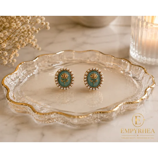 Emerald Rose Pearl Stud Earrings