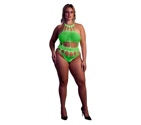 Cut Out Thong Bodysuit Neon Green Plus Size