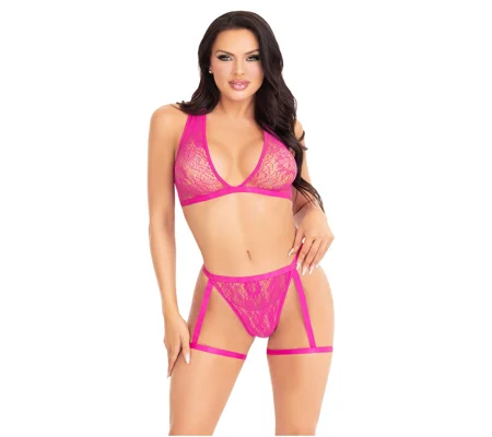 Leg Avenue Lace Bra Top and Panty with Garters Pink