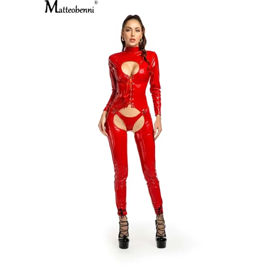 Women Sexy Hollow Out Latex Catsuit PVC Faux Leather Wetlook Jumpsuit
