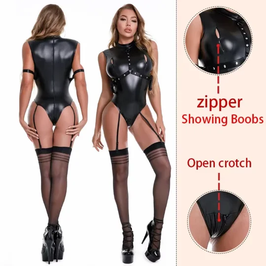 L-5XL Sexy wetlook Faux Leather Catsuit PVC Latex Bodysuit Bust Open Crotch