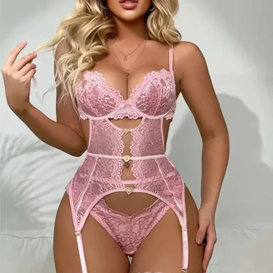 2026 Women Lace Lingerie Set Sheer Transparent Bra Garter Belt Elegant Night Underwear