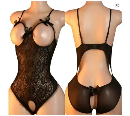 Azure Seal Cupless Framed Bust Lace Teddy Satin Bows Sexy Lingerie Hip Ruffle Trim Crotchless