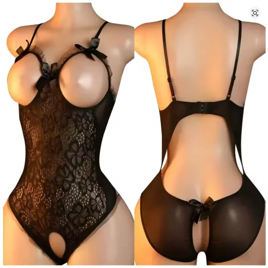 Azure Seal Cupless Framed Bust Lace Teddy Satin Bows Sexy Lingerie Hip Ruffle Trim Crotchless