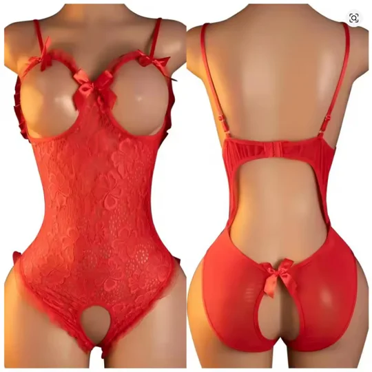 Azure Seal Cupless Framed Bust Lace Teddy Satin Bows Sexy Lingerie Hip Ruffle Trim Crotchless
