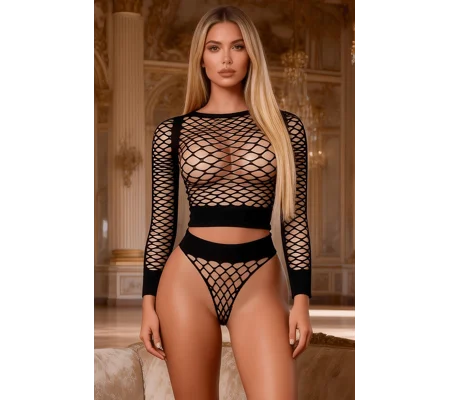 YesX YX738 Black Fishnet Two Piece Lingerie Set