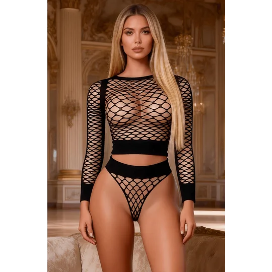 YesX YX738 Black Fishnet Two Piece Lingerie Set