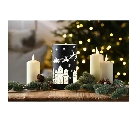 Black Glass Tealight Holder with Sleigh Scene