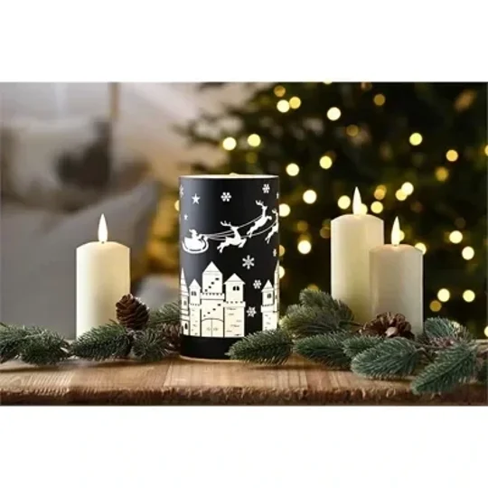 Black Glass Tealight Holder with Sleigh Scene