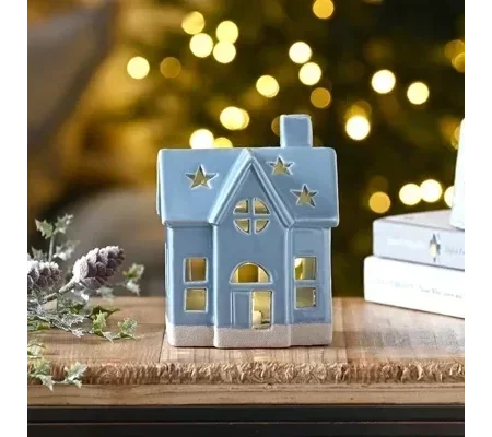 Blue Ceramic House Light-Up Decoration