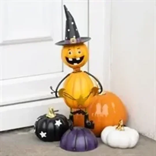 Orange Metal Pumpkin Man Ornament with Witch Hat