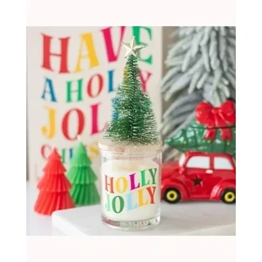 Holly Jolly Pine & Fir Glass Candle with Tree