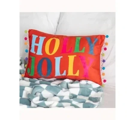 Red Holly Jolly Cushion with Pom Poms