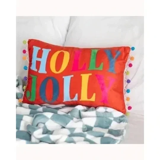 Red Holly Jolly Cushion with Pom Poms