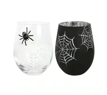 Set of 2 Spider and Web Stemless Wine Glasses