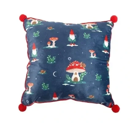 Square Gnome Print Cushion with Pom Poms