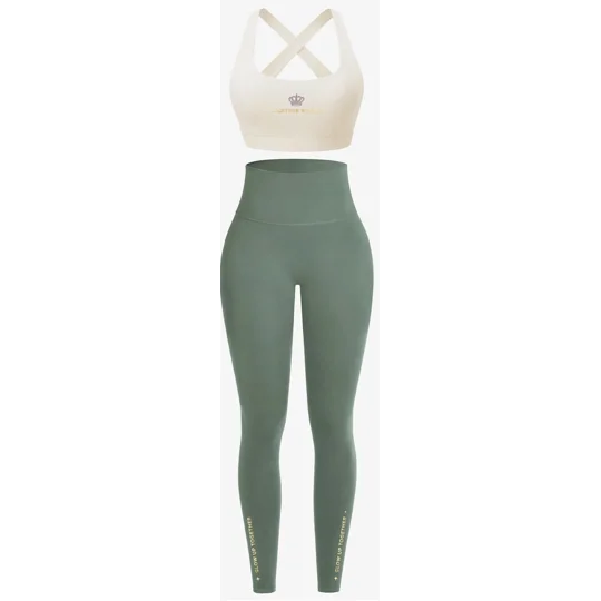 White/Avocado 2 piece Outfit | Royal Signature| Gold Foil Logo Bra and Leggings|Empowerment Yoga Set