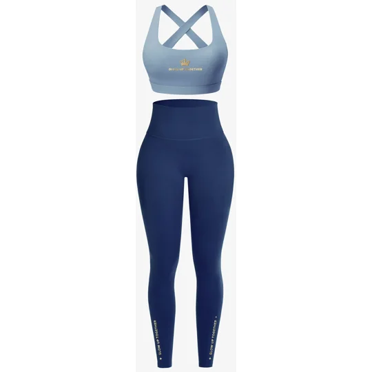 Blue/ Navy 2 piece Outfit | Royal Signature| Gold Foil Logo Bra and Leggings|Empowerment Yoga Set