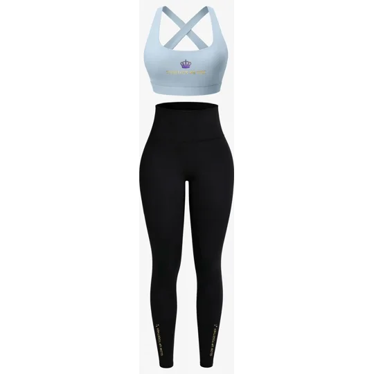 Blue/ Black 2 piece Outfit | Royal Signature| Gold Foil Logo Bra and Leggings|Empowerment Yoga Set