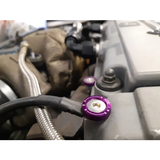 Rusty OEM engine bay bolts replaced with Exoracing dress up washers