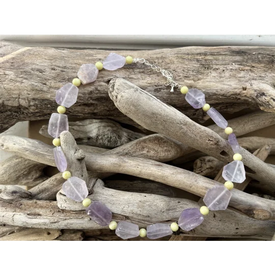 Frosted Amethyst and Lemon Jade Necklace (Purple and Green )
