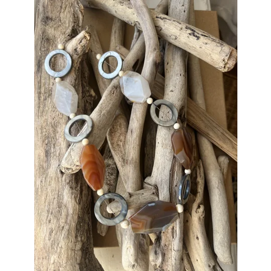 Gemstone an Shell Large Stone Necklace ( Teal Brown )
