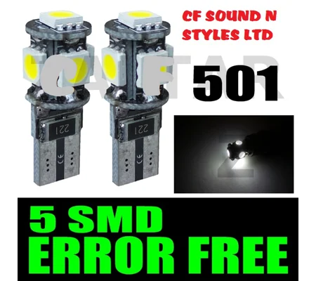 2 x 501 T10 CANBUS ERROR FREE White SMD Parking Light Bulbs LED