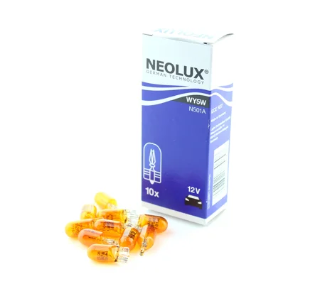 10 x Neolux 12v 5w 501A WY5W T10 TW2.1x9.5d Wedge Amber Repeater Bulb