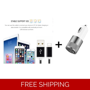XINNIER USB Cable 2A 1.5M & Car Charger, Metal Cord Data Sync Wire Charger For iphone 7/ 6 plus 5S