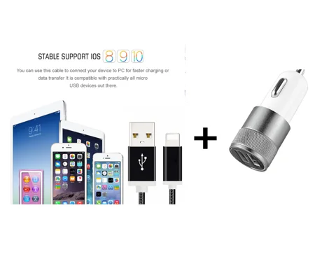 XINNIER USB Cable 2A 1.5M & Car Charger, Metal Cord Data Sync Wire Charger For iphone 7/ 6 plus 5S