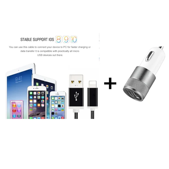 XINNIER USB Cable 2A 1.5M & Car Charger, Metal Cord Data Sync Wire Charger For iphone 7/ 6 plus 5S
