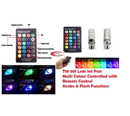 2 x 501 T10 Multi Colour with Remote Control Lights Bulbs LED