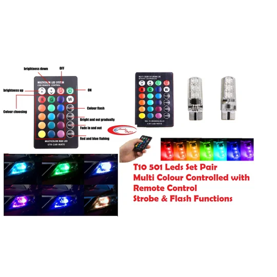 2 x 501 T10 Multi Colour with Remote Control Lights Bulbs LED