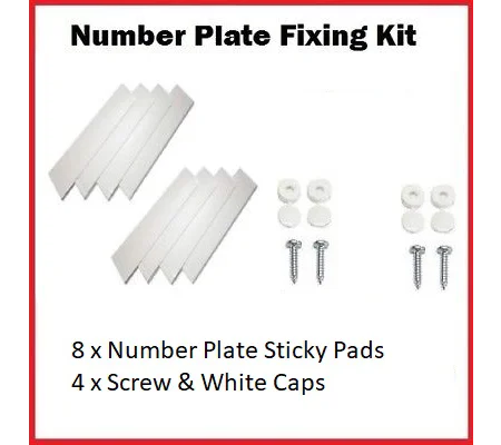 Number Plate Fixings Fixing Fitting Kit 4 Pack Of Caps, Screws & 8 Sticky Pads