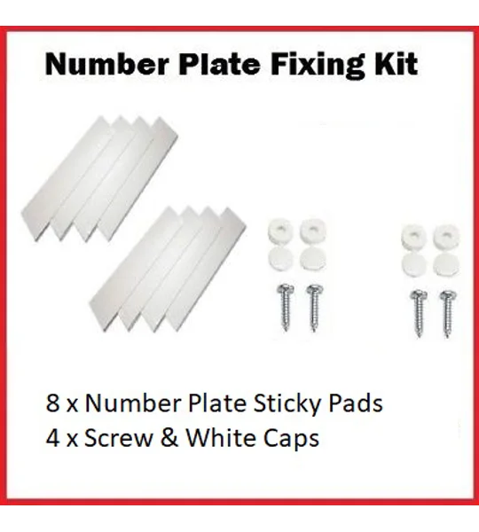 Number Plate Fixings Fixing Fitting Kit 4 Pack Of Caps, Screws & 8 Sticky Pads