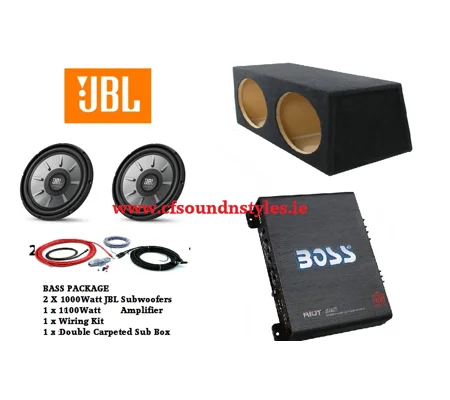 TWIN JBL Bass Package Subs x 2, Amplifier Wiring Kit & Carpeted Box