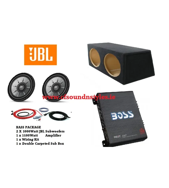 TWIN JBL Bass Package Subs x 2, Amplifier Wiring Kit & Carpeted Box