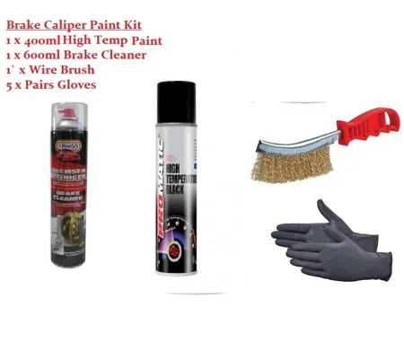 Black Brake Caliper Paint Kit Incls Cleaner Wire Brush & Gloves