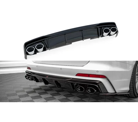 Audi A6 C8 S LIne Yrs 18 - 23 Rear Bumper Diffuser Valance W Exhaust Tips Gloss Black