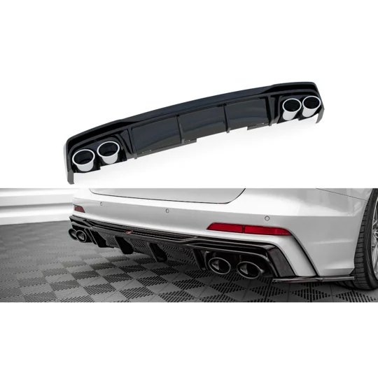 Audi A6 C8 S LIne Yrs 18 - 23 Rear Bumper Diffuser Valance W Exhaust Tips Gloss Black
