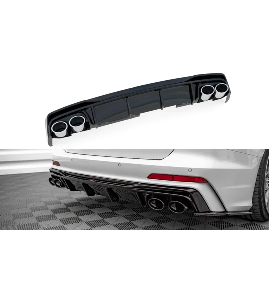 Audi A6 C8 S LIne Yrs 18 - 23 Rear Bumper Diffuser Valance W Exhaust Tips Gloss Black