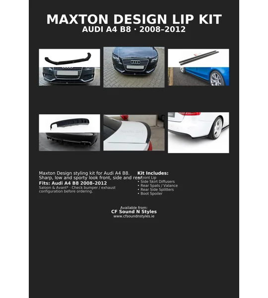 Audi A4 B8 Saloon SE Yrs 08-12, Maxton Gloss Black Bodykit Lip Kit