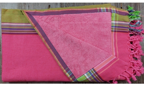 Bright Pink Kikoy Towel with Green Border Bright Pink Kikoy Towel with Green Border